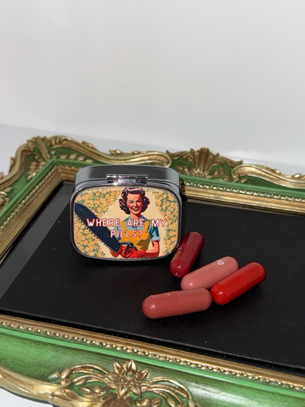 Where Are My Pills? Decorative Metal Pill Case - Multi Red